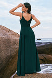 Dark Green Spaghetti Straps Ruched Long Bridesmaid Dress with Slit