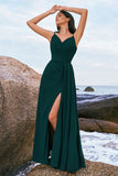 Dark Green Spaghetti Straps Chiffon A-Line Bridesmaid Dress with Slit