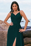 Dark Green Spaghetti Straps Chiffon A-Line Bridesmaid Dress with Slit