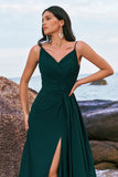 Dark Green Spaghetti Straps Chiffon A-Line Bridesmaid Dress with Slit