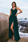 Dark Green Spaghetti Straps Chiffon A-Line Bridesmaid Dress with Slit