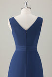 Dark Blue A-Line Ruffle Long Bridesmaid Dress with Slit