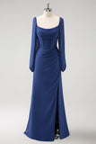 Dark Blue Sheath Square Neck Chiffon Long Sleeves Long Bridesmaid Dress with Slit