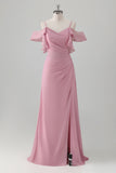 Pink Cold Shoulder Chiffon Bridesmaid Dress with Slit