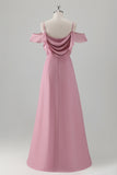 Pink Cold Shoulder Chiffon Bridesmaid Dress with Slit