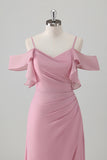 Pink Cold Shoulder Chiffon Bridesmaid Dress with Slit