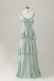 Light Green A-Line Tiered Chiffon Bridesmaid Dress with Ruffles