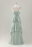 Light Green A-Line Tiered Chiffon Bridesmaid Dress with Ruffles