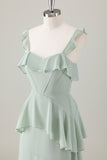 Light Green A-Line Ruffle Tiered Chiffon Corset Long Bridesmaid Dress