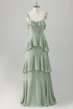 Light Green A-Line Tiered Chiffon Bridesmaid Dress with Ruffles