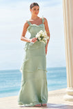 Light Green A-Line Tiered Chiffon Bridesmaid Dress with Ruffles