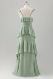 Light Green A-Line Tiered Chiffon Bridesmaid Dress with Ruffles