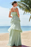 Light Green A-Line Ruffle Tiered Chiffon Corset Long Bridesmaid Dress