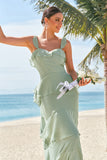 Light Green A-Line Tiered Chiffon Bridesmaid Dress with Ruffles