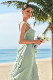 Light Green A-Line Tiered Chiffon Bridesmaid Dress with Ruffles