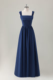 Dark Blue A-Line Square Neck Corset Chiffon Bridesmaid Dress