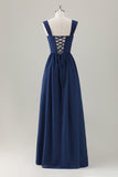 Dark Blue A-Line Square Neck Corset Chiffon Bridesmaid Dress