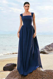 Dark Blue A-Line Square Neck Corset Chiffon Bridesmaid Dress