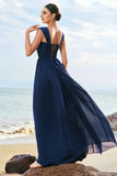 Dark Blue A-Line Square Neck Corset Long Bridesmaid Dress with Lace Up Back