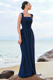 Dark Blue A-Line Square Neck Corset Chiffon Bridesmaid Dress