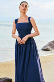 Dark Blue A-Line Square Neck Corset Chiffon Bridesmaid Dress