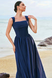 Dark Blue A-Line Square Neck Corset Chiffon Bridesmaid Dress