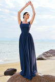 Dark Blue A-Line Square Neck Corset Chiffon Bridesmaid Dress