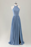 Grey Blue Halter Pleated Backless A-Line Bridesmaid Dress with Slit