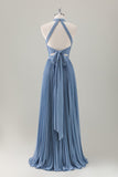 Grey Blue Halter Pleated Backless A-Line Bridesmaid Dress with Slit