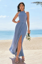 Grey Blue Halter Pleated Backless A-Line Bridesmaid Dress with Slit