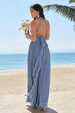 Grey Blue Halter Pleated Backless A-Line Bridesmaid Dress with Slit