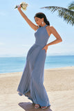 Grey Blue Halter Pleated Backless A-Line Bridesmaid Dress with Slit