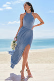 Grey Blue Halter Pleated Backless A-Line Bridesmaid Dress with Slit