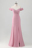 Pink Off the Shoulder Pleated Mermaid Bridesmaid Dress with Slit