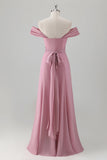 Pink Off the Shoulder Pleated Mermaid Bridesmaid Dress with Slit