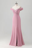 Pink Off the Shoulder Pleated Mermaid Bridesmaid Dress with Slit