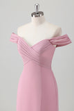 Pink Off the Shoulder Pleated Mermaid Bridesmaid Dress with Slit