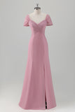 Pink Off the Shoulder Pleated Mermaid Bridesmaid Dress with Slit