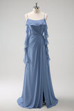 Grey Blue A-Line Chiffon Ruffled Bridesmaid Dress with Slit