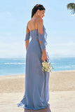 Grey Blue A-Line Chiffon Ruffled Bridesmaid Dress with Slit