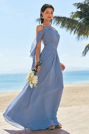 Grey Blue A-Line Chiffon Ruffled Bridesmaid Dress with Slit