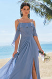 Grey Blue A-Line Chiffon Ruffled Bridesmaid Dress with Slit