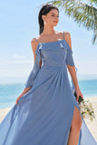 Grey Blue A-Line Chiffon Ruffled Bridesmaid Dress with Slit