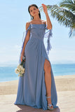 Grey Blue A-Line Chiffon Ruffled Bridesmaid Dress with Slit