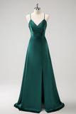 Dark Green Pleated Satin A-Line Bridesmaid Dress with Slit