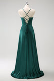 Dark Green Pleated Satin A-Line Bridesmaid Dress with Slit