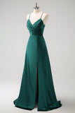 Dark Green A-Line Ruched Lace-Up Back Satin Long Bridesmaid Dress