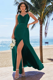 Dark Green Pleated Satin A-Line Bridesmaid Dress with Slit