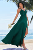 Dark Green Pleated Satin A-Line Bridesmaid Dress with Slit