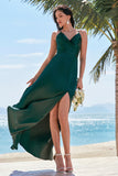 Dark Green Pleated Satin A-Line Bridesmaid Dress with Slit